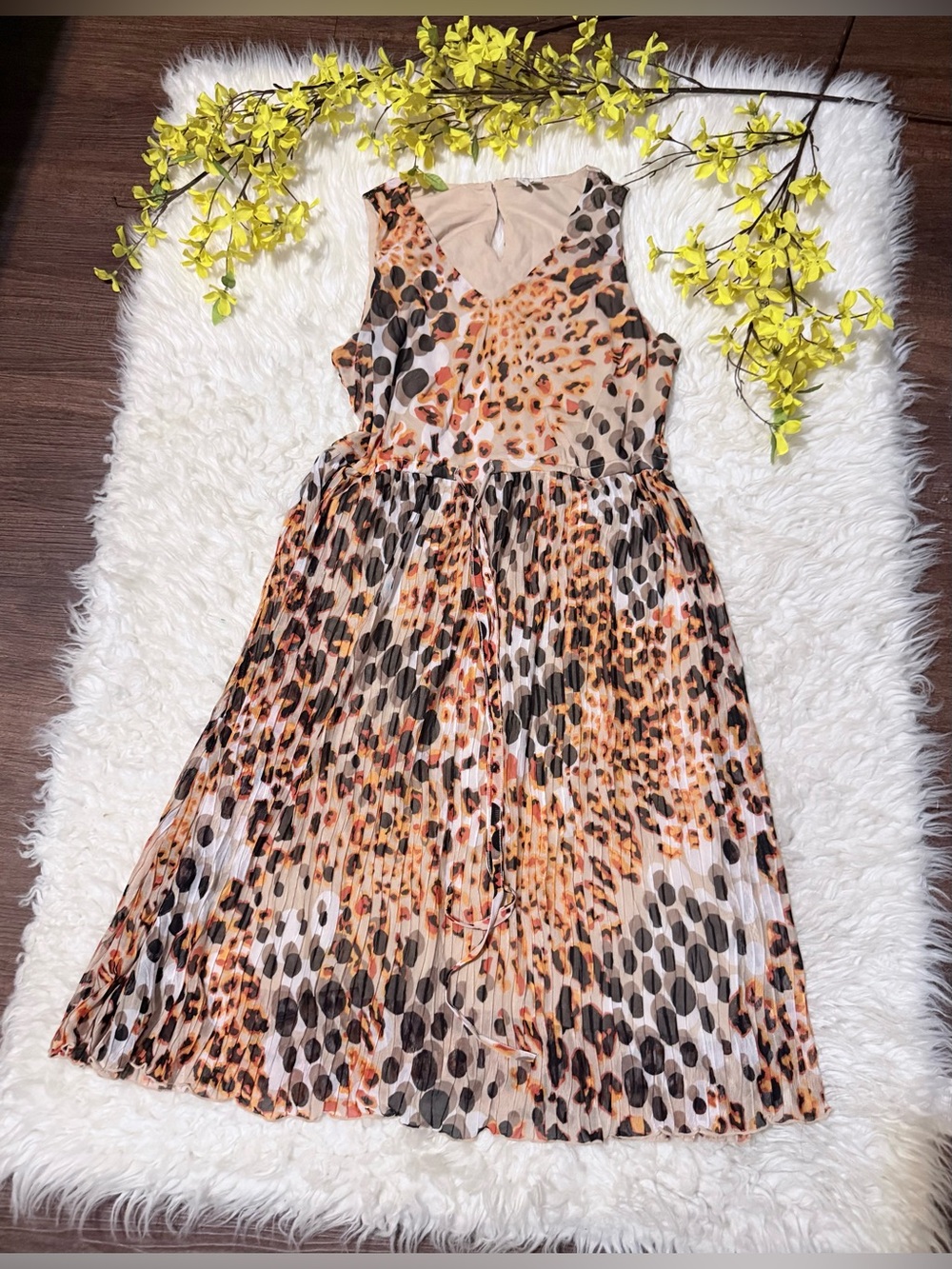 Madison Leopard Print Pleated V-Neck Dress in Tan and Black